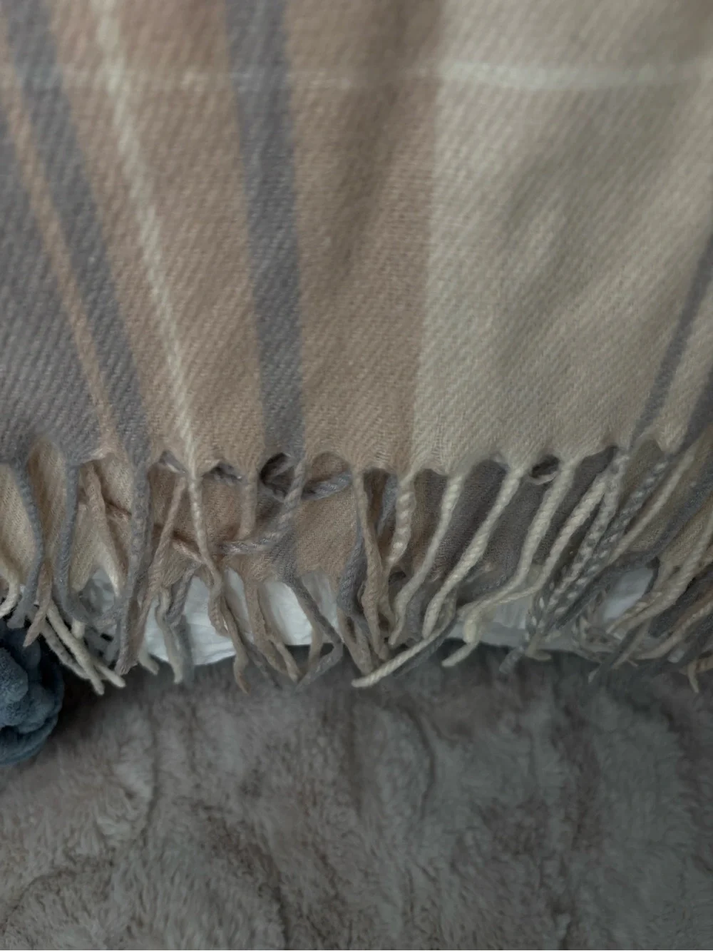 Cozy Neutral Plaid Fringe Scarf